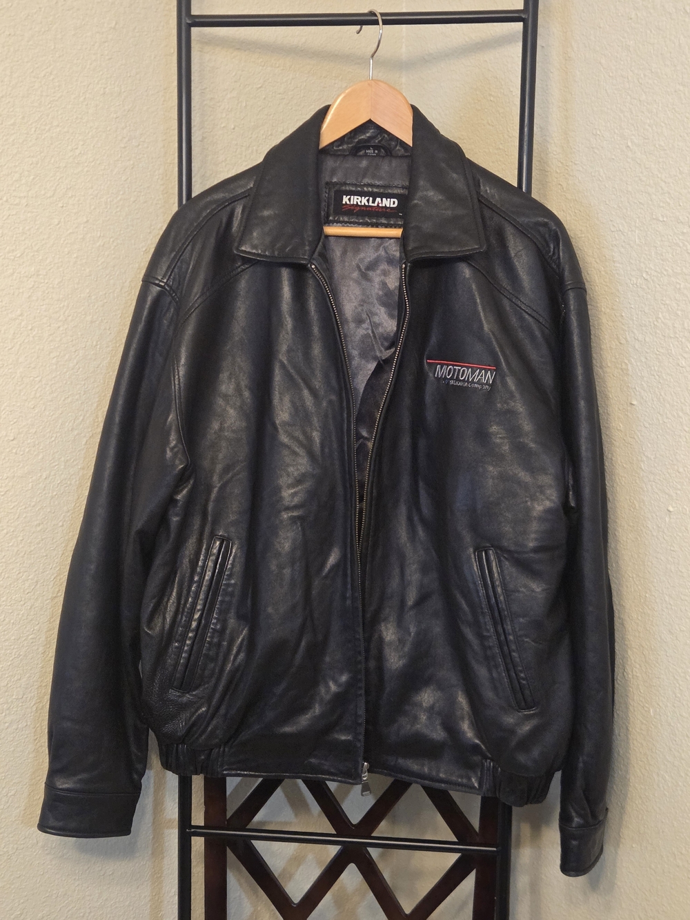 Kirkland Signature Men’s Black Leather Jacket with Motorman Patch